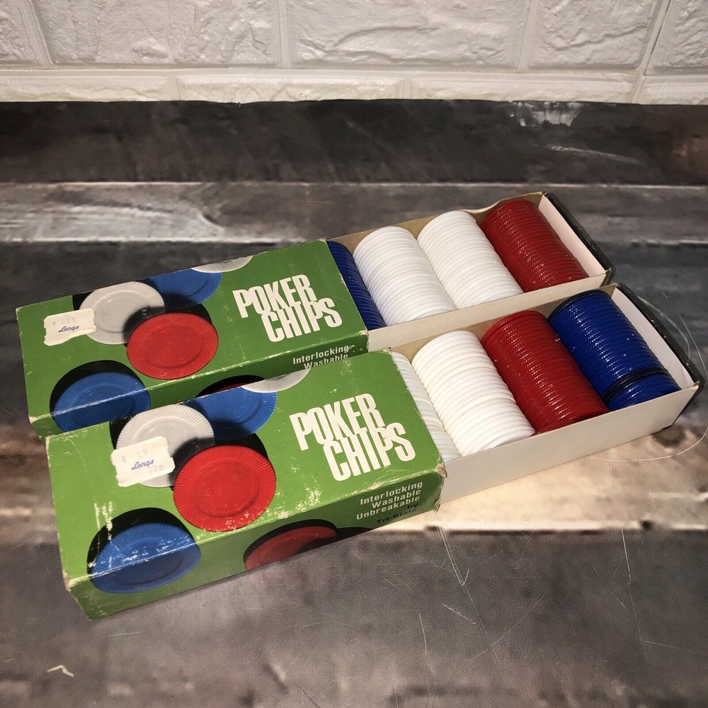 Lot Of 2 1950s Tri-State Plastic Poker Chips 100 Red White Blue Interlocking Box